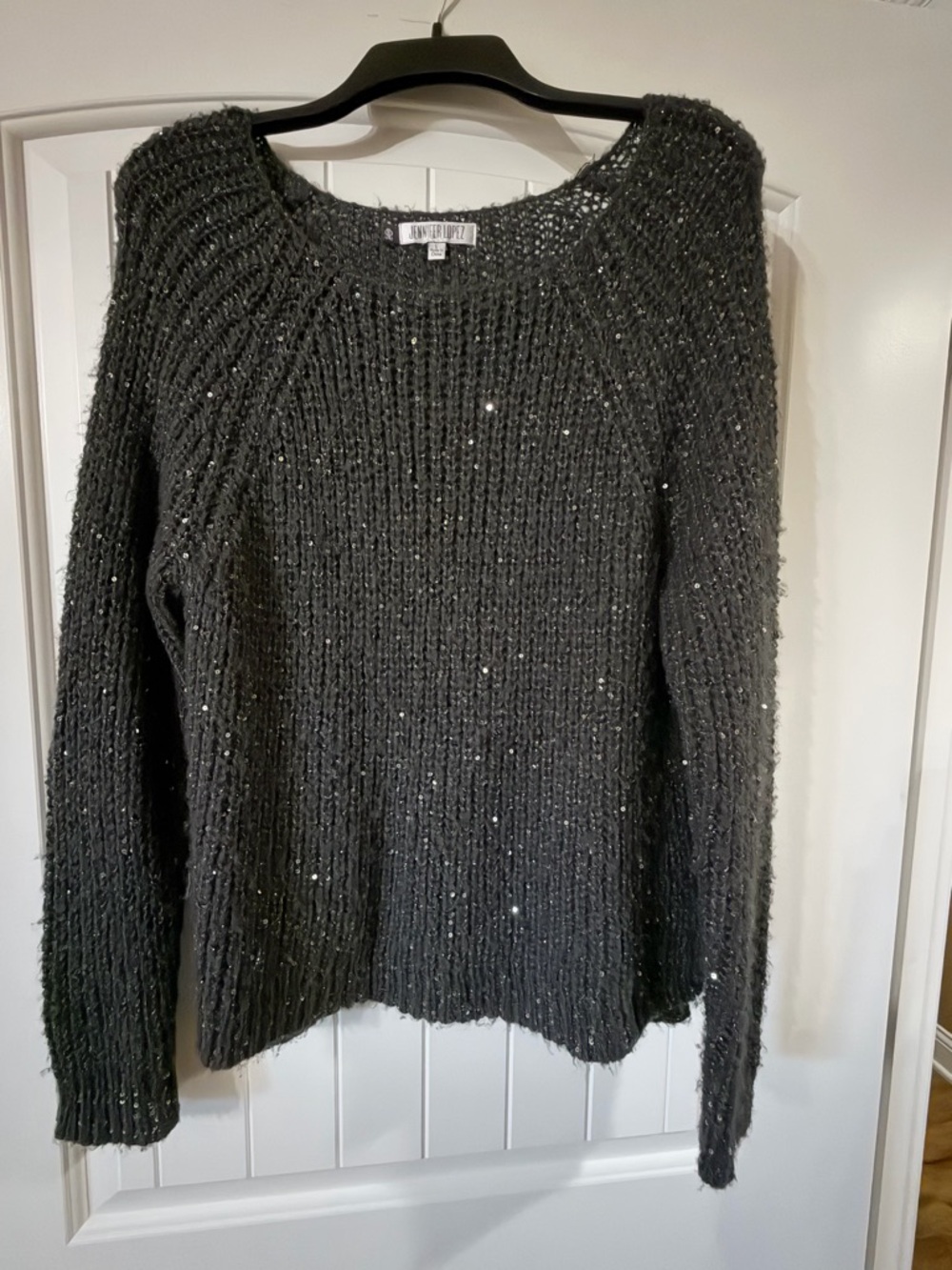 Jennifer Lopez Black Sparkle Ribbed Crew Neck Sweater
